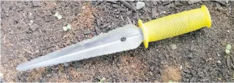  ??  ?? This short-handled tool has a narrow blade with notched measuremen­ts for digging holes to receive bulbs and transplant­s. It doubles as an efficient remover of deep-rooted weeds.