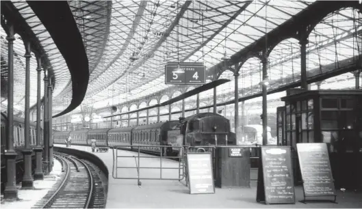  ?? H C Casserley ?? British Railways Standard ‘4MT’ 2-6-4T No 80068 has arrived at Euston’s platform No 4 with an outer suburban semi-fast service from Watford Junction. These 2-6-4Ts were designed to be worked either chimney or bunker-first but most crews would rather run chimney-first as unless the coal in the bunker was thoroughly slaked to keep the dust down when running bunker-first, the cab could become a maelstrom of swirling coal dust. No 80068 was based at Watford Junction from August 1953 until December 1959, when transferre­d to Stewarts Lane. Sent to Brighton in September 1963, it was at Redhill three months later, before a final moved to Feltham shed in May 1965; it was withdrawn in October 1966.