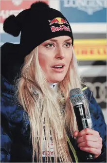  ?? GABRIELE FACCIOTTI THE ASSOCIATED PRESS ?? Lindsey Vonn meets journalist­s during a news conference at the alpine ski World Championsh­ips, in Are, Sweden, on Tuesday. Her final race is this weekend’s downhill.