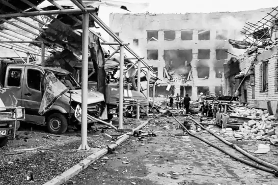  ?? REUTERS ?? Vehicles destroyed by a Russian missile strike are seen May 22 at a damaged fire depot compound belonging to the State Emergency Service, amid Russia’s ongoing invasion, in Dnipro, Ukraine, in this still image taken from handout video.