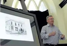  ?? JESSICA NYZNIK/EXAMINER ?? Ed Arnold takes questions from the crowd at Christ Church Community Museum in Lakefield about his latest book, Lakefield, Sketches to Remembe, on Wednesday. The book comes out July 1 and is illustrate­d by Drew Ridpath.