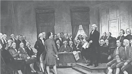  ?? WIKIMEDIA ?? “Washington at Constituti­onal Convention of 1787, signing of U.S. Constituti­on” by Junius Brutus Stearns.