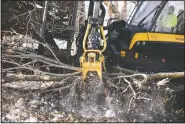  ?? (The Gazette/Jim Slosiarek) ?? An operator uses a grapple to pick up tree limbs and other debris and put it onto a forwarder.