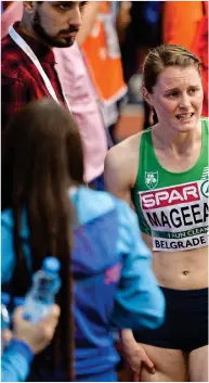  ??  ?? HURTING: Ciara Mageean holds back tears after injury brought her 1,500m final to an end