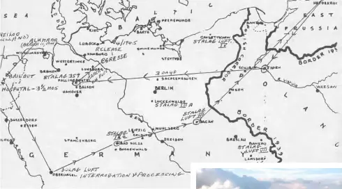  ??  ?? Above: Alf Binnie marked this map to show his movements while in German captivity: from his bailout over Alkmaar, the Netherland­s, top left, he was transporte­d south-southeast for interrogat­ion and processing at Dulag Luft in Oberursel, Germany. He was then taken eastward to Stalag IX-C in Bad Sulza and Stalag Luft III in Sagan, Germany; northeast to Stalag Luft VI in East Prussia; southwest to Thorn, Poland; and westward to Stalag 357 in Bad Fallingbos­tel, Germany. Finally, he marched on foot to Gresse, Germany, where he was liberated by the British Second Army in April 1945. Right: Royal Air Force Vickers Wellington bombers form up for a bombing operation against Germany in 1943.