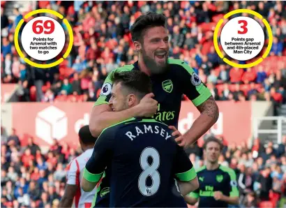  ?? AFP ?? Points for Arsenal with two matches to go Arsenal’s Olivier Giroud celebrates with Aaron Ramsey after scoring their fourth goal. — Points gap between Arsenal and 4th-placed Man City