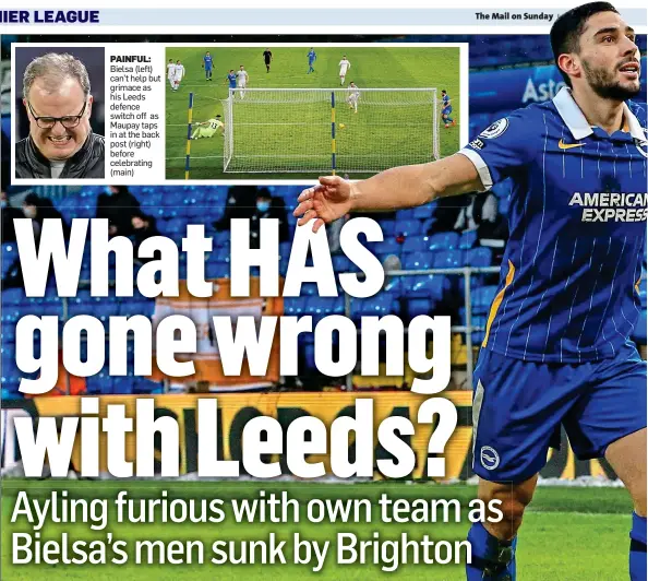  ??  ?? PAINFUL: Bielsa (left) can’t help but grimace as his Leeds defence switch off as Maupay taps in at the back post (right) before celebratin­g (main)
