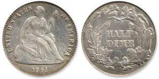  ?? (Images courtesy usacoinboo­k.com.) ?? 1861 Seated Liberty half dime.