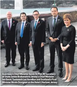  ??  ?? Guernsey’s Chief Minister Gavin St Pier, NI Secretary of State James Brokenshir­e, Jersey’s Chief Minister Ian Gorst, Taoiseach Leo Varadkar and Scotland’s First Minister Nicola Sturgeon at the Hotel L’Horizon, Jersey