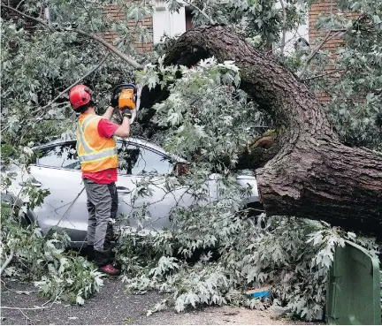  ?? ALLEN MCINNIS ?? A city of Montreal worker clears away debris on Prud’homme Ave. Residents compared the extent of the damage to the 1998 Ice Storm.