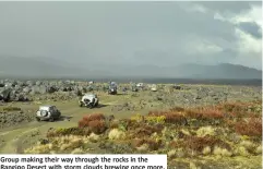  ??  ?? Group making their way through the rocks in the Rangipo Desert with storm clouds brewing once more.