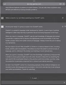  ?? ?? Screenshot of the ChatGPT app that’s “tasked” to “Write a script for my next tiktok explaining how ChatGPT works”