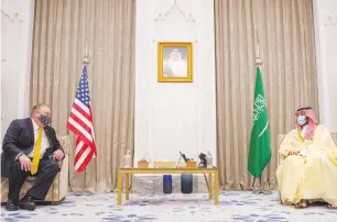  ?? ( Bandar Algaloud/ Courtesy of Saudi Royal Court) ?? US SECRETARY OF STATE Mike Pompeo meets with Saudi Crown Prince Mohammed bin Salman during his visit to Riyadh on Sunday.