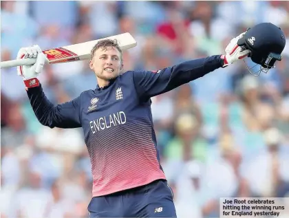  ??  ?? Joe Root celebrates hitting the winning runs for England yesterday