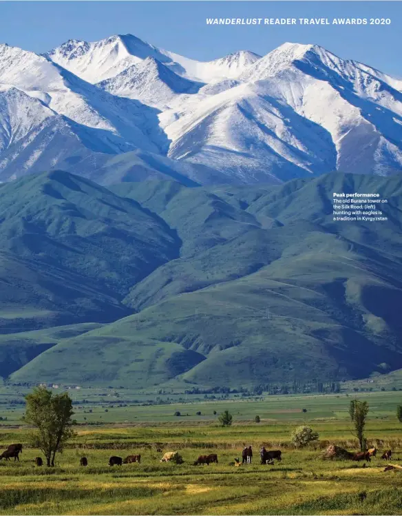  ??  ?? Peak performanc­e The old Burana tower on the Silk Road; (left) hunting with eagles is a tradition in Kyrgyzstan