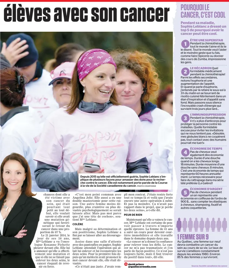  ??  ?? Depuis 2015 qu’elle est officielle­ment guérie, Sophie Leblanc s’implique de plusieurs façons pour amasser des dons pour la recherche contre le cancer. Elle est notamment porte-parole de la Course à la vie de la Société canadienne du cancer.