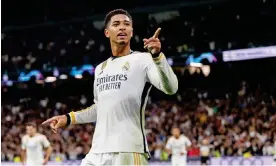  ?? Napoli. Photograph: DeFodi Images/Getty Images ?? Jude Bellingham celebrates after scoring Real Madrid’s second goal in the win against