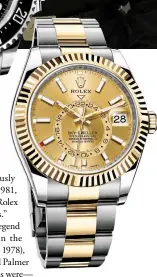  ??  ?? Clockwise from left: Winner of the 1977 and 1981 Masters Tournament­s, Tom Watson; with his 1961 win, South African Gary Player became the first foreign-born player to win a green jacket; Sky- Dweller timepiece in steel and yellow gold, $17,150; Sea-...