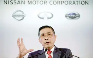  ?? — Reuters ?? Nissan Motor Co’s President and CEO Hiroto Saikawa speaks during a news conference at the company’s headquarte­rs in Yokohama.