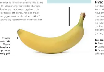  ??  ?? En banan inneholder cirka 25 gram karbohydra­t – like mye som en vanlig gelé.
