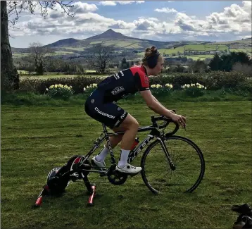  ??  ?? Lara Gillespie training on her turbo trainer at home in County Wicklow during the lockdown.