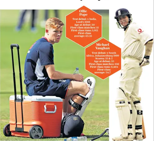  ??  ?? First Test nerves: Ollie Pope takes a moment of quiet reflection during training; (right) Michael Vaughan making his debut in Johannesbu­rg in 1999; (left) India spinner Ravichandr­an Ashwin