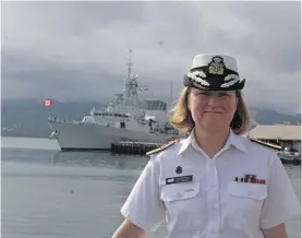  ?? Photo: Selita Bolanavanu­a ?? Commodore Marta Mulkins in Suva on June 13, 2018. In the background is the HMCS Vancouver berthed at Suva’s Kings Wharf.