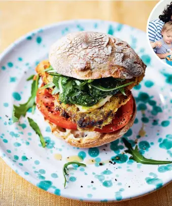  ?? ?? FAMILY FAVOURITES: Above, chicken caprese burgers, right, sweet potato nachos; and, inset above, Joe Wicks with daughter Indie and son Marley.