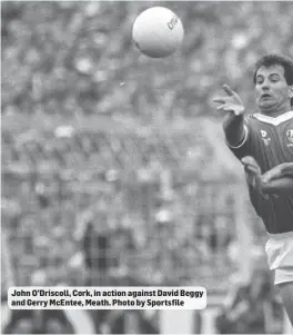  ??  ?? John O’Driscoll, Cork, in action against David Beggy and Gerry McEntee, Meath. Photo by Sportsfile