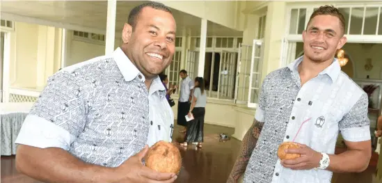  ?? Photo: Ronald Kumar ?? Vodafone Flying Fijian squad members Sunia Koto (left), and Jale Vatubua at the State House on June 2, 2017.