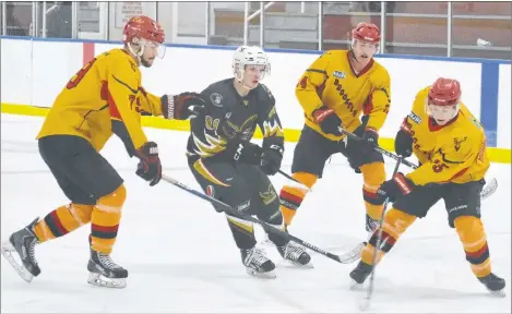  ?? DAVID JALA/CAPE BRETON POST ?? Eskasoni Junior Eagles forward Devan Whitty, second from left, finds himself surrounded by a herd of Elks while mounting an offensive foray in the first period of Sunday’s Nova Scotia Junior Hockey League game against the visiting Brookfield Elks at the Dan K. Stevens Memorial Arena. The trio of Elks include Denver Donnelly (79), Willem Schenkels (24) and Jacob Deveau (15). Eskasoni won the game, 7-1.