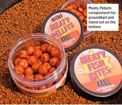  ??  ?? Meaty Pellets complement his groundbait and stand out on the bottom