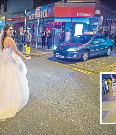  ??  ?? A bride is cheered as she dashes for a taxi to beat the 10pm coronaviru­s pub curfew following her wedding. Rowan Foxley celebrated her wedding to Jason Mccabe with a gathering of close friends and family in Glasgow’s West End on Friday but the celebratio­n finished at 10pm in line with new rules.
They wed earlier at Glengoyne Distillery, near Killearn, where Jason works as a distiller, before dinner and drinks at The Bothy restaurant. Rowan, a hairdresse­r, of Milngavie, said: “It was nice to be able to get together with even a small group with all the restrictio­ns in place. We got married outside at the distillery and it was beautiful and then had a lovely time in the city. There were a few cheers as I crossed the road at the end of the night in my wedding dress. I suppose it was quite an unusual sight.” Police deployed extra officers across Scotland on Friday night to ensure the new 10pm pub closing time was properly observed.