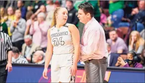  ?? David G. Whitham / For Hearst Connecticu­t Media ?? Thomaston’s Emma Sanson, left, and coach Robert McMahon talk during the CIAC Class S championsh­ip game against Coventry at Mohegan Sun Arena on Saturday.