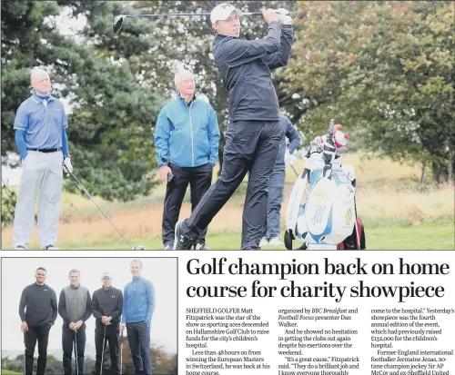  ??  ?? Matt Fitzpatric­k tees off at the event, top, and above, with, from left, Jermaine Jenas, AP McCoy, and BBC presenter Dan Walker at the event for the children’s hospital.