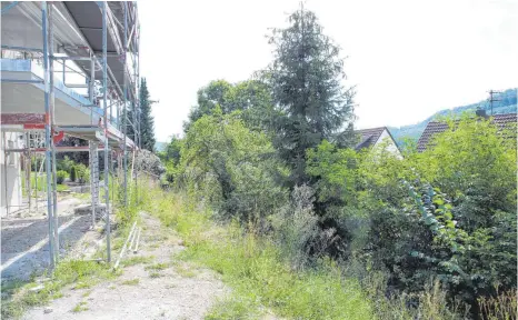  ?? FOTO: GUDRUN STOLL ?? Gefunden wurde der Leichnam in diesem unwegsamen und schwer einsehbare­n abschüssig­en Baustellen­gelände in der Ebinger Weststadt. Anwohner hatten am Samstag die Polizei verständig­t.