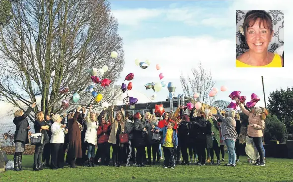  ??  ?? Family, friends and college staff release balloons in memory of Wendy Wigley (pictured inset) at Dundee & Angus College’s Kingsway Campus.