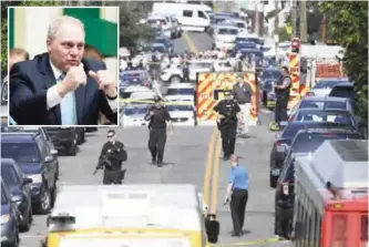  ?? — AP ?? ALEXANDRIA: Emergency personnel respond after reports of shots fired yesterday in Alexandria, Va. A top House Republican, Steve Scalise of Louisiana (inset), was shot by a rifle-wielding gunman yesterday at a congressio­nal baseball practice just...