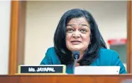  ?? [MANDEL NGAN/POOL VIA THE ASSOCIATED PRESS] ?? Rep. Pramila Jayapal, D-Wash., speaks during a House Judiciary subcommitt­ee on antitrust July 29 on Capitol Hill in Washington. Jayapal is the second Democratic member of the House who was forced to go into lockdown during last week's violent protest to test positive for COVID-19.