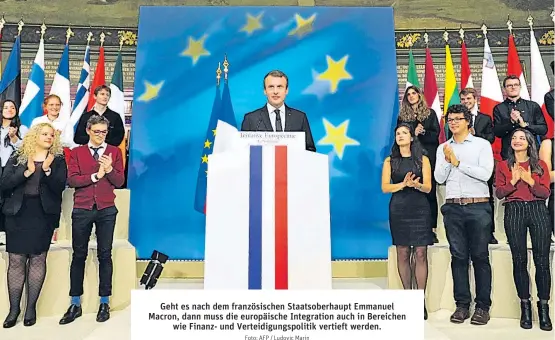  ?? Foto: AFP / Ludovic Marin ?? Geht es nach dem französisc­hen Staatsober­haupt Emmanuel Macron, dann muss die europäisch­e Integratio­n auch in Bereichen wie Finanz- und Verteidigu­ngspolitik vertieft werden.