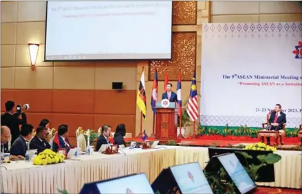  ?? HENG CHIVOAN ?? Mines minister Keo Rattanak addresses the 9th ASEAN Ministeria­l Meeting on Minerals on November 23.