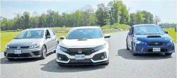  ?? DRIVING.CA ?? From left: Volkswagen Golf R, Honda Civic Type R and Subaru WRX STI