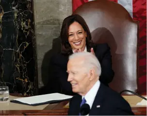  ?? (Kevin Lamarque/Reuters) ?? US VICE PRESIDENT Kamala Harris applauds as President Joe Biden delivers the State of the Union Address, last week. Too many people are having a hard time correctly interpreti­ng criticism leveled by liberals throughout the world against our government’s policies, the writer argues.