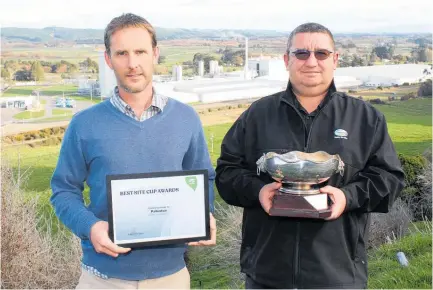  ??  ?? Fonterra Pahiatua environmen­tal manager Geoff Charleson and site operations manager Graham Thomson show off their prizes, with the Pahiatua Site in the background.
