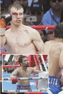  ?? AP PHOTOS ?? TOUGH TO TAKE: Despite battering Aussie contender Joe Horn bloody on Saturday night, Manny Pacquiao (inset) lost a unanimous decision and his title.