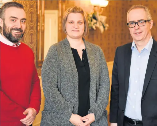  ?? Picture: Robert Melen ?? Castell Howell finance director Nigel Williams (right), UWTSD business lecturer Jessica Shore and Journal editor Jonathan Roberts, who are judging the West Wales Business Awards.