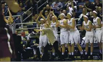  ?? JIM GENSHEIMER — BAY AREA NEWS GROUP ?? Archbishop Mitty coach Sue Phillips and players react iduring the Division II state girls championsh­ip against Mark Keppel at Haas Pavilion in Berkeley in March of 2015.