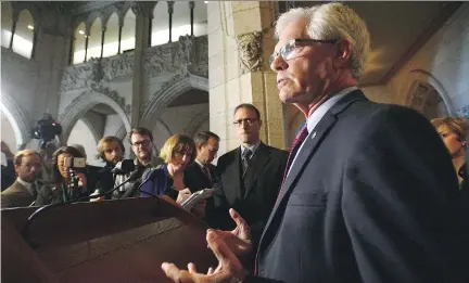  ?? SEAN KILPATRICK/THE CANADIAN PRESS ?? Natural Resources Minister Jim Carr delivers a statement in Ottawa on Thursday about the demise of the Energy East pipeline. The Trudeau government allowed politician­s and the environmen­tal lobby to hinder a promising project, argues Claudia Cattaneo.