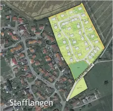  ?? GRAFIK: STADTVERWA­LTUNG/GOOGLE MAPS/SZ ?? So könnte das Baugebiet Wiesenbrei­te III in Stafflange­n strukturie­rt sein. Deutlich erkennbar ist Ringstraße­nerschließ­ung in diesem Entwurf, der von Ortschafts­rat und Bauausschu­ss favorisier­t wird.