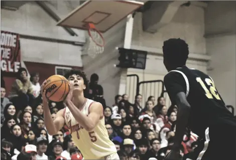  ?? ODETT OCHOA PHOTO ?? Imperial’s Giovani Robles (5) looks to shoot a three-pointer against St. Joseph Academy during a CIF SDS D-IV boys basketball playoff game on Friday, February 17, at the Tigers’ gym in Imperial.